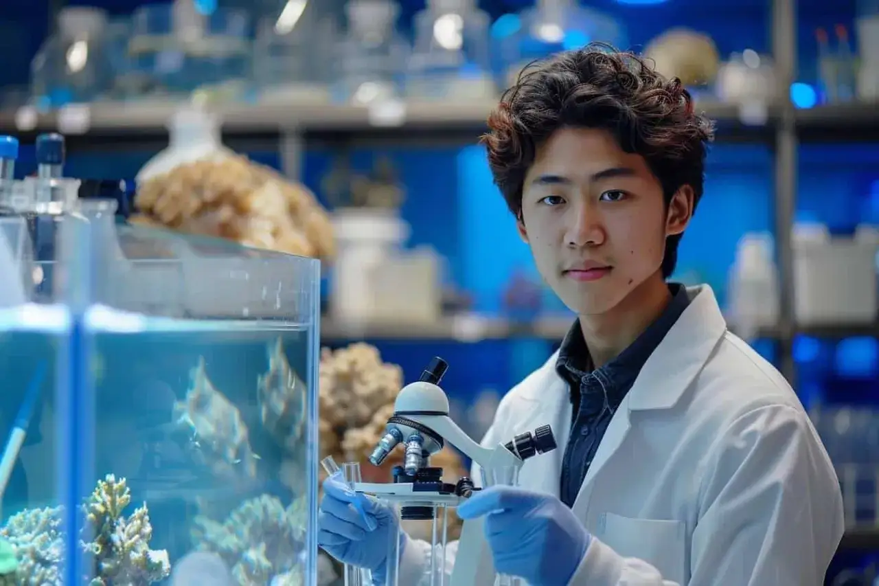 Jeune homme en blouse blanche, gants bleus, travaillant avec un microscope près d'un aquarium. Il prépare sa licence biologie marine.