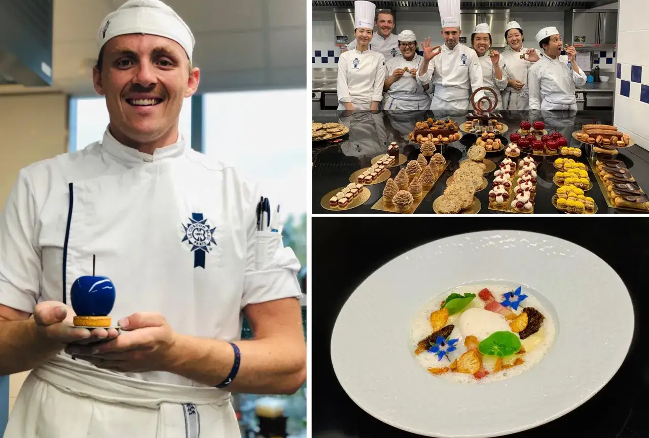 Un chef du Cordon Bleu Paris présente une création culinaire. La pâtisserie est à l'honneur avec une variété de desserts et un plat gastronomique.