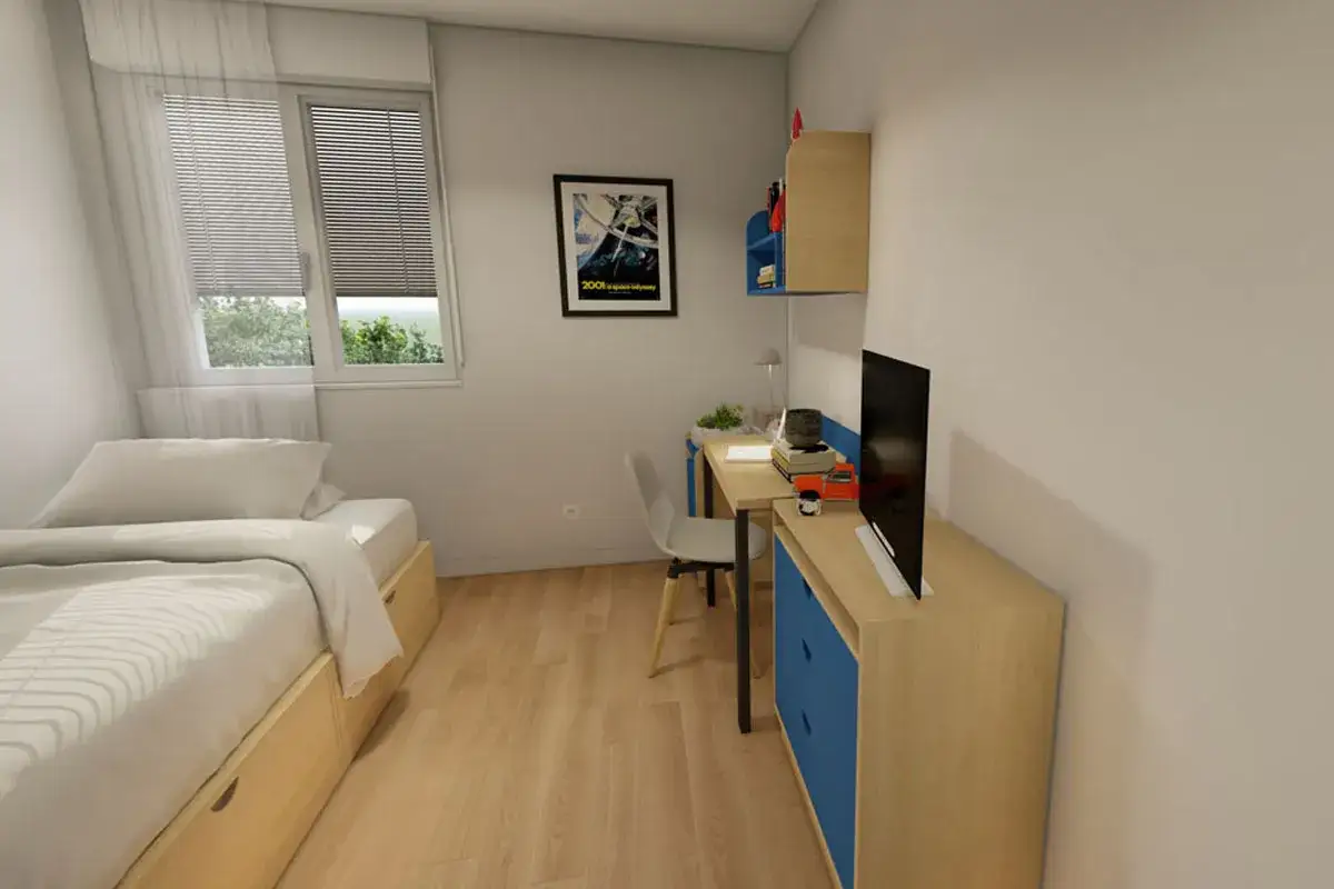 Chambre d'étudiant moderne, idéale pour comment vivre en Suisse. Lit, bureau, étagères et TV.