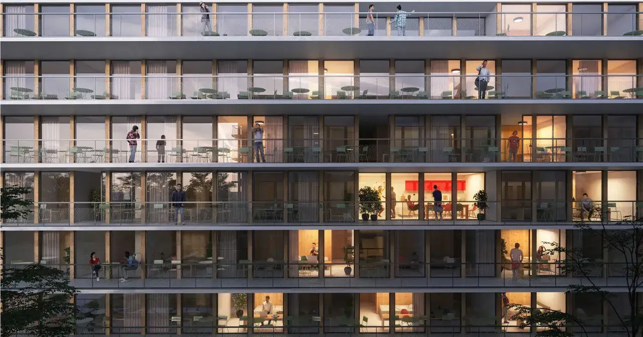 Immeuble moderne avec balcons, illustrant le logement &eacute;tudiant &agrave; Gen&egrave;ve et ses prix.
