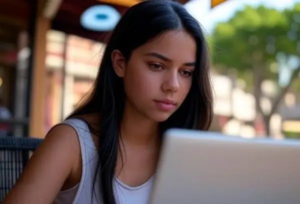 Jeune femme concentrée sur son ordinateur portable, peut-être en train d'étudier pour l'université fédérale de Santa Catarina.