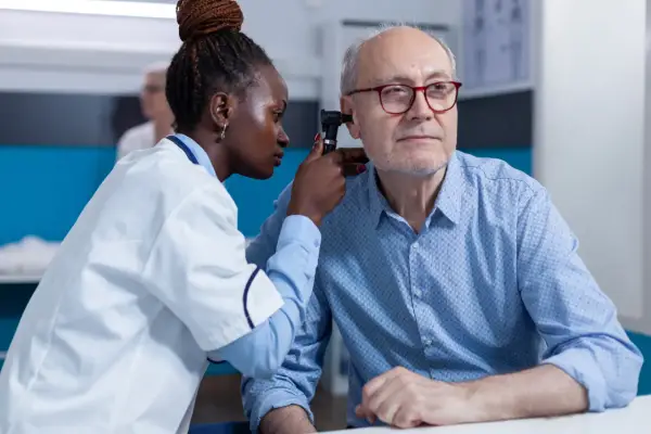 Une jeune femme en formation BTS Audioprothésiste examine l'oreille d'un patient âgé avec un otoscope.