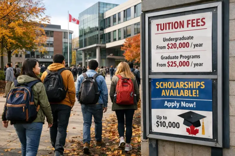 Étudiants marchant sur un campus canadien, panneau affichant les frais de scolarité et les bourses, reflétant le niveau de vie au Canada.