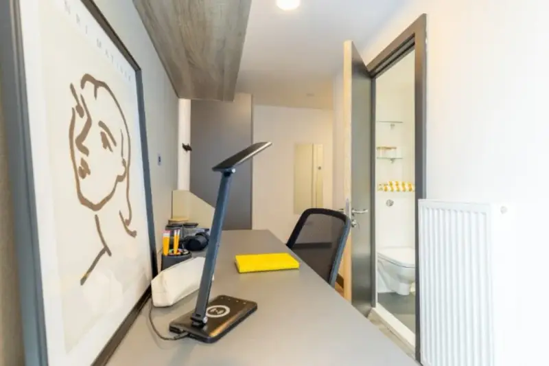 Bureau d'un logement étudiant à Cork, avec un tableau, une lampe, une chaise et une porte ouverte sur une salle de bain.